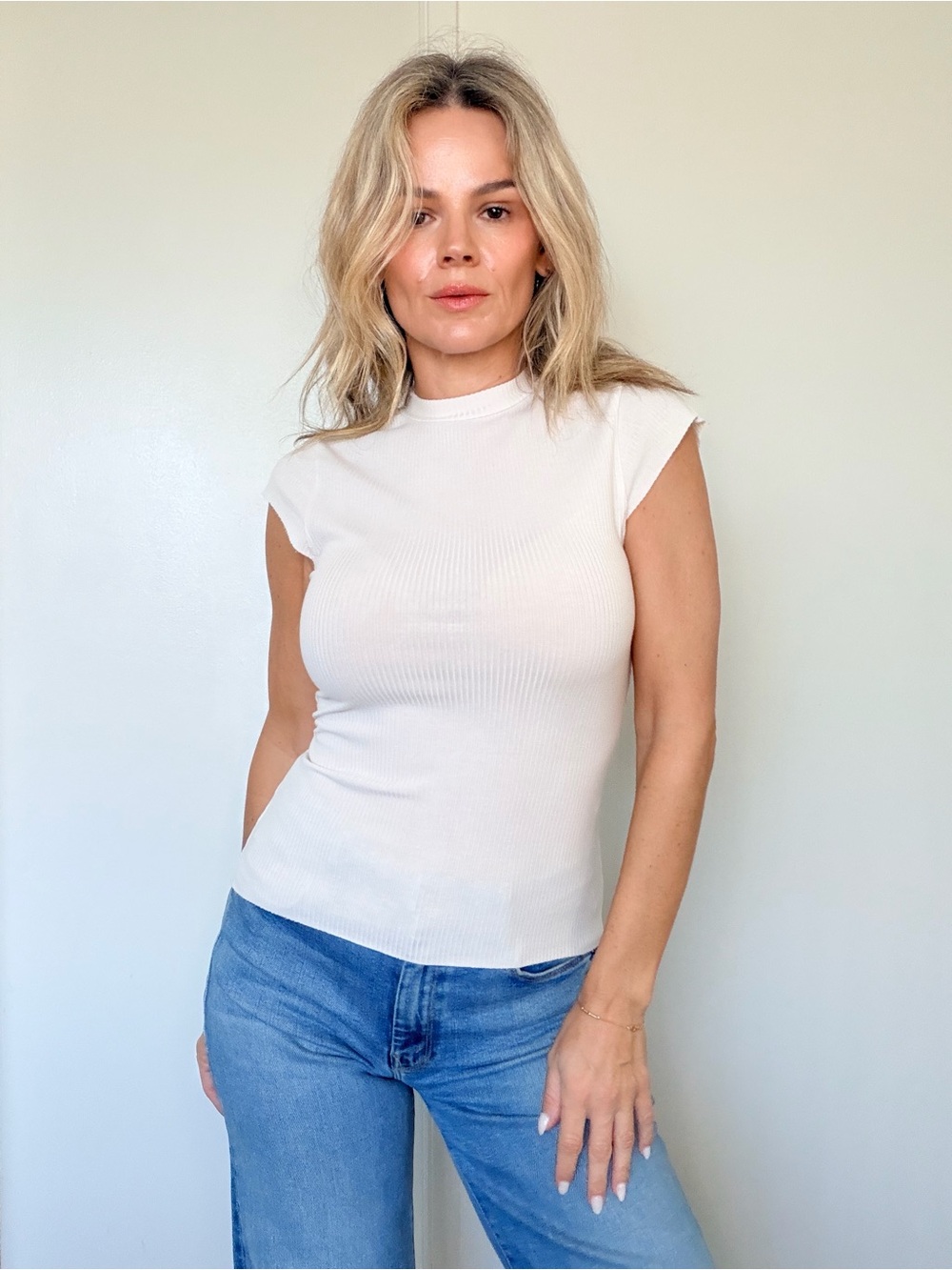 Reformation White Ribbed Cap-Sleeve Mock Neck Tank